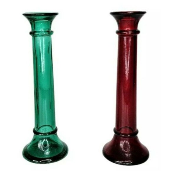 Vintage Other - Vintage Indiana Red & Green Glass Taper Candle Holder Flower Bud Vases